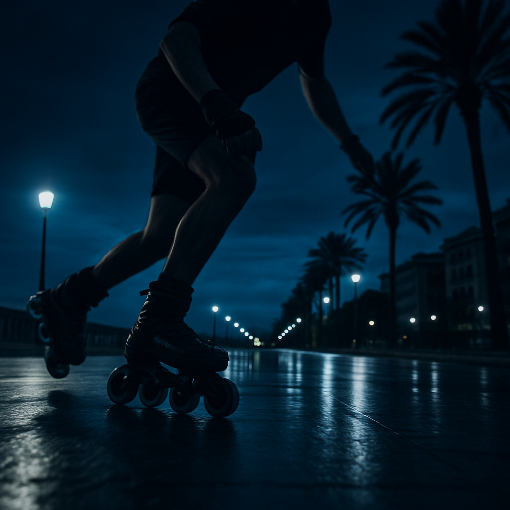 Patinador en movimiento sobre el paseo marítimo al atardecer